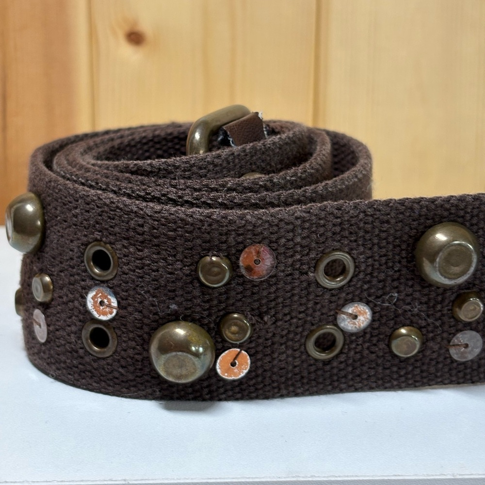 Y2K Brown Canvas Studded Grommet Belt Double Buckle Juniors 11 Emo Skater FLAWED